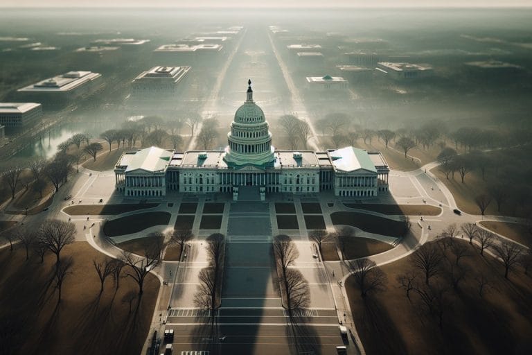 Overhead winter view of the U.S. Capitol building under flat gray December sky.