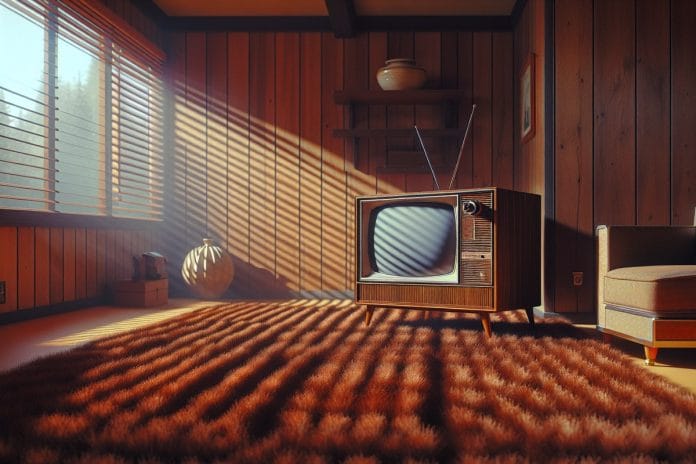 A vintage cathode-ray television set on shag carpet in a wood-paneled rec room, glowing faintly in late afternoon light, with an empty armchair angled toward it.