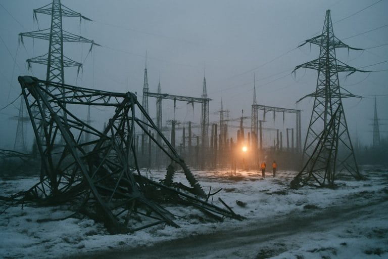 A damaged electrical substation in Ukraine at winter dusk with twisted transmission equipment and small figures of repair crews in the distance.