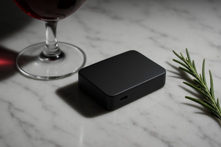 A small black hardware wallet on a marble counter beside the base of a red wine glass and a sprig of rosemary.