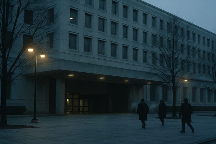 A gray federal office building entrance at dawn on a cold January morning, with dark-coated figures arriving for work under bare trees.
