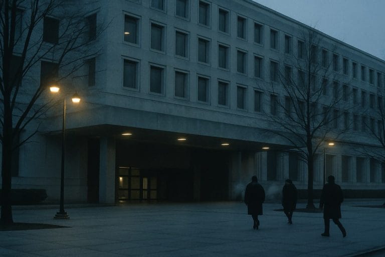A gray federal office building entrance at dawn on a cold January morning, with dark-coated figures arriving for work under bare trees.