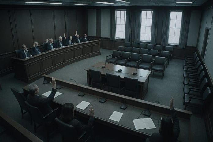 High-angle wide view of a sparsely attended House committee room during a Sunday vote, members at the dais with hands raised, mostly empty seats, cold daylight through tall windows.