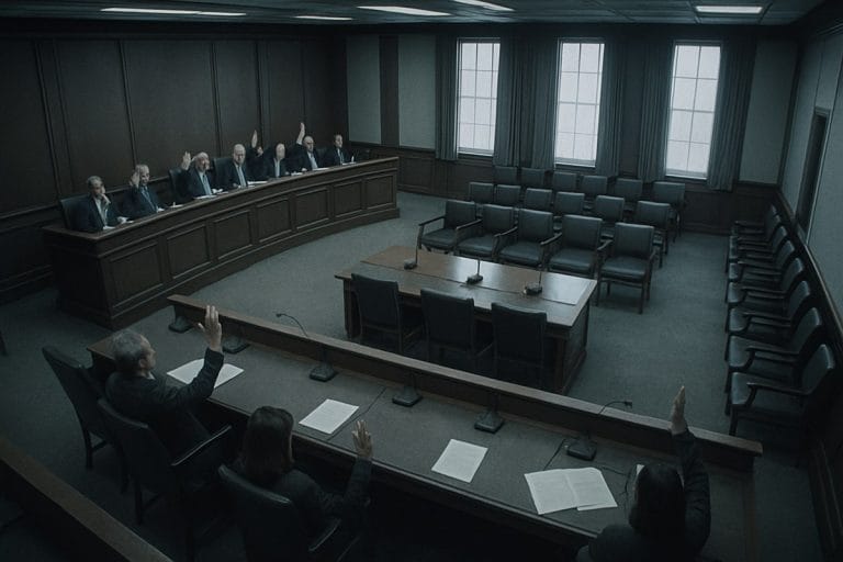 High-angle wide view of a sparsely attended House committee room during a Sunday vote, members at the dais with hands raised, mostly empty seats, cold daylight through tall windows.