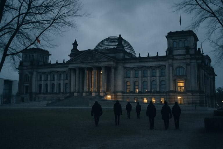 The Reichstag building in Berlin at dusk under a cold gray sky, with small figures approaching a side entrance.