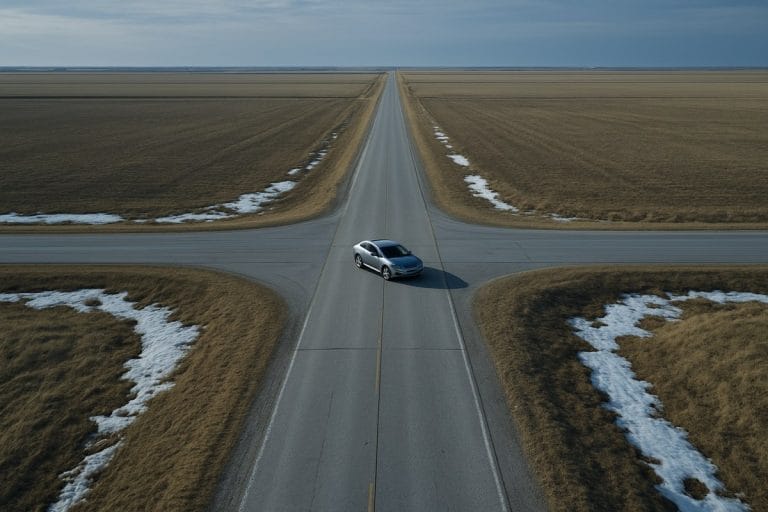 Aerial view of a lone car at a rural four-way stop on a flat Kansas highway under cold overcast winter light.