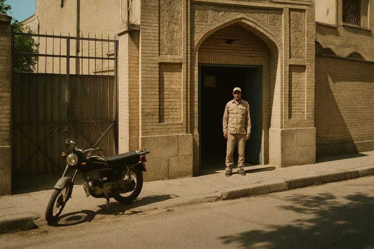 A nearly empty Tehran polling station entrance in harsh midday light, with a single municipal worker standing in the tiled doorway.