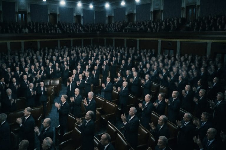 Wide overhead view of the U.S. House chamber mid-ovation during a joint session of Congress, with legislators rising from their seats under harsh broadcast lighting.