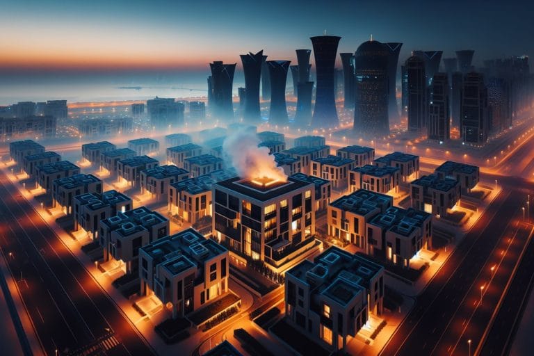 Aerial dusk view of a Doha neighborhood with a single smoking compound surrounded by intact high-rise towers.