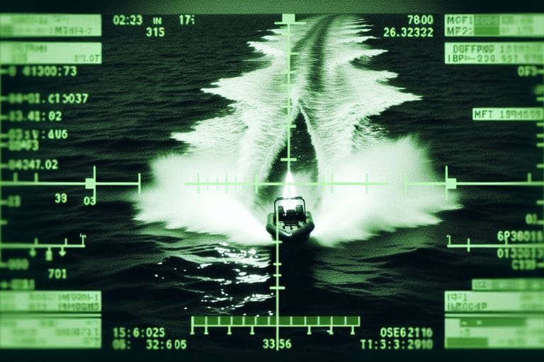 Night-vision-style overhead surveillance frame of a small boat exploding in open water, with targeting crosshairs and timestamp overlay.