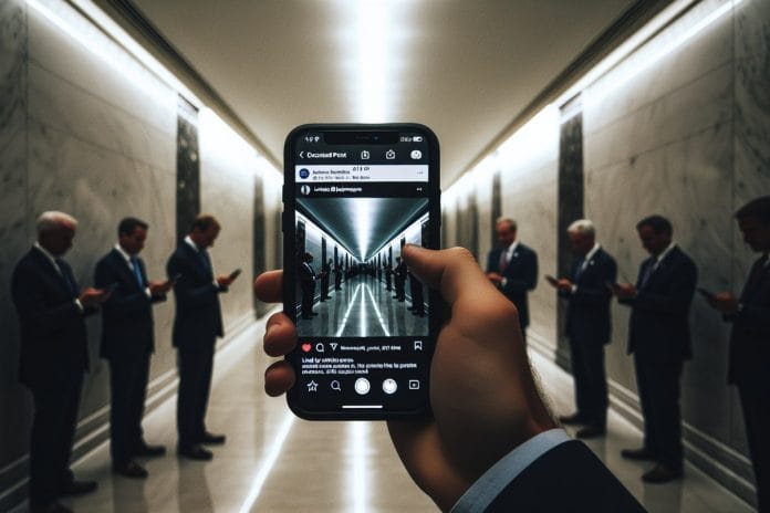 Scheduled Remembrance A hand holds a phone in a Capitol hallway showing a scheduled 9/11 tribute post on social media.