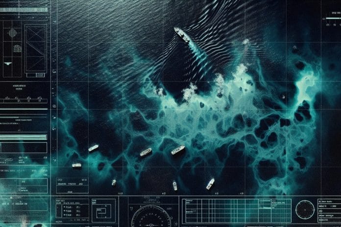Aftermath of Venezuelan Boat Strike — Surveillance Frame Overhead surveillance-style image of a debris field and oil sheen on dark Caribbean water with military grid overlay