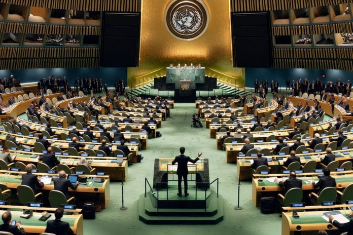 A speaker at the UN General Assembly podium gestures while rows of delegates sit in the foreground, some looking away or checking phones.