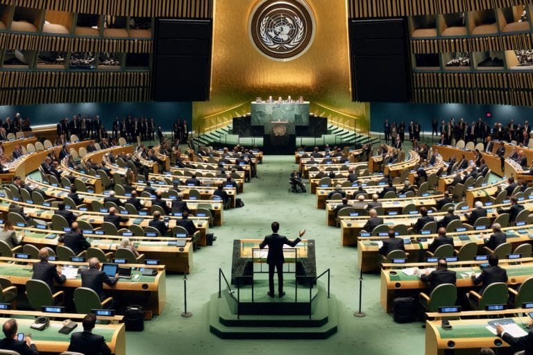 A speaker at the UN General Assembly podium gestures while rows of delegates sit in the foreground, some looking away or checking phones.
