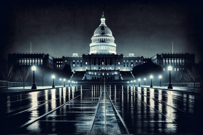 Capitol Goes Dark — Shutdown Day One The US Capitol at night with most windows dark, rendered in a dramatic tabloid newspaper style.