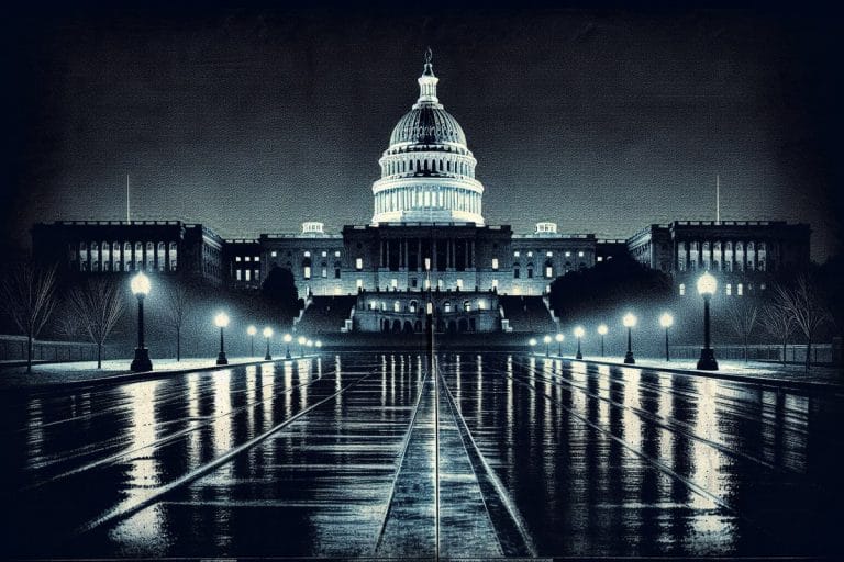 The US Capitol at night with most windows dark, rendered in a dramatic tabloid newspaper style.