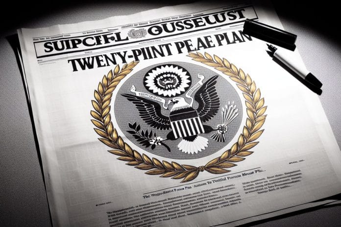 A document titled 'Twenty-Point Peace Plan' on gold-laurel-bordered White House letterhead, with the word TREMENDOUS visible in oversized type and a Sharpie resting on the corner.