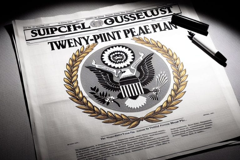 A document titled 'Twenty-Point Peace Plan' on gold-laurel-bordered White House letterhead, with the word TREMENDOUS visible in oversized type and a Sharpie resting on the corner.