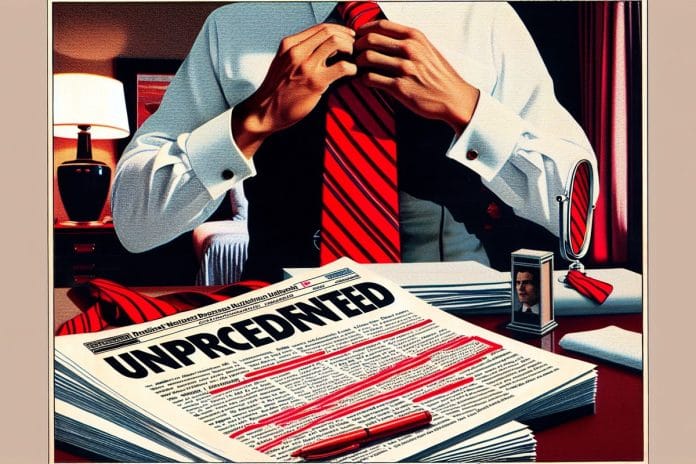 Trump rehearses Nobel speech as hostages return Hands adjusting a long red necktie in a hotel mirror beside a stack of typed speech pages with words circled in red marker