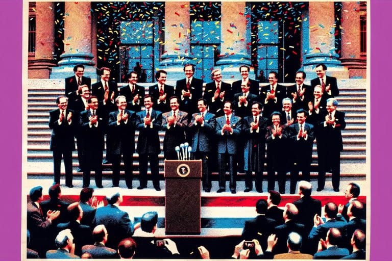 Senators applauding themselves at a podium on the Capitol steps in tabloid-style halftone composition