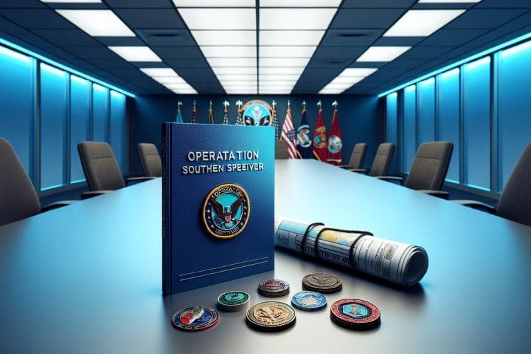 A Pentagon press kit folder labeled Operation Southern Spear sits on a conference table beside a shoulder patch, challenge coins, and a folded Caribbean map under fluorescent light.