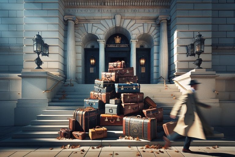 A stack of expensive leather luggage piled at the marble entrance of a Capitol-style building in harsh midday sun as a figure in a dark overcoat rushes past
