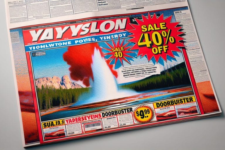 Newspaper-style promotional layout showing a Yellowstone geyser plastered with a large red 40% off Black Friday sale sticker.