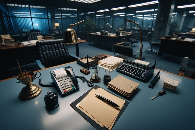 High-angle security-camera view of the Resolute Desk after hours with a credit-card terminal, ink pad, brass bell, and stack of plain manila folders