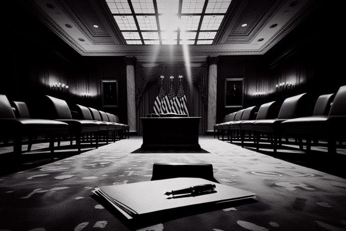 White House Immigration Order Signing A high-contrast black-and-white view of a presidential signing desk with a fountain pen across a stack of unmarked folders and three flags behind it.