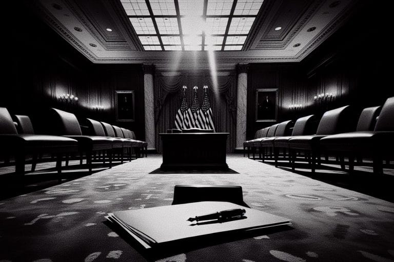 A high-contrast black-and-white view of a presidential signing desk with a fountain pen across a stack of unmarked folders and three flags behind it.