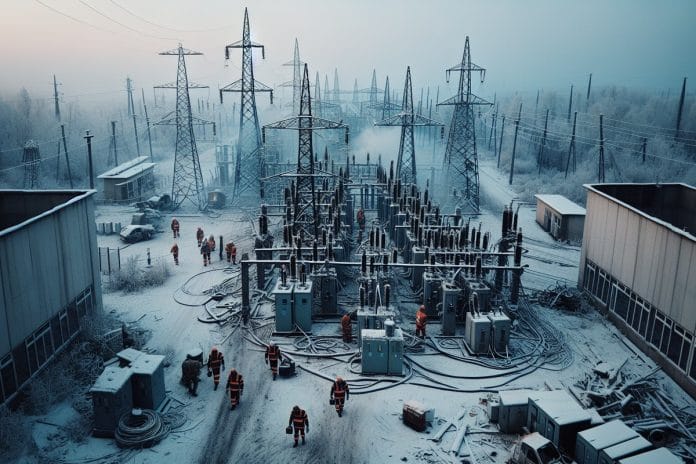 Ukrainian Substation, December Strikes Aerial view of a damaged Ukrainian electrical substation in winter with repair crews arriving at dawn.