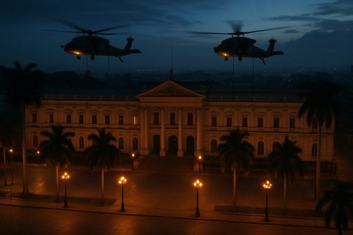 Overhead pre-dawn view of two military helicopters hovering above a Latin American presidential palace with fast-ropes deployed to the roof