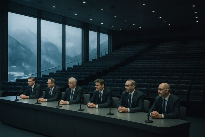 Davos AI Governance Panel A panel of suited speakers seated on a brightly lit stage in a Davos convention hall with snowy alpine mountains visible through tall windows behind them.