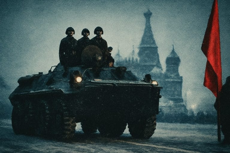 A Russian military vehicle rolls through a snowy Red Square at dusk with soldiers in formation