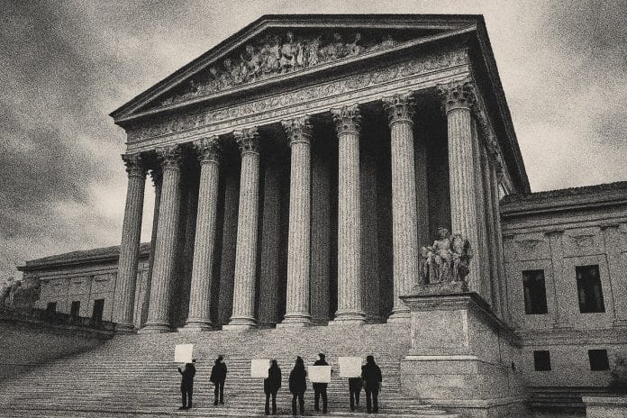 Supreme Court Voting Rights Arguments The U.S. Supreme Court building photographed from below on a gray morning, with a small group of protesters gathered on the steps.