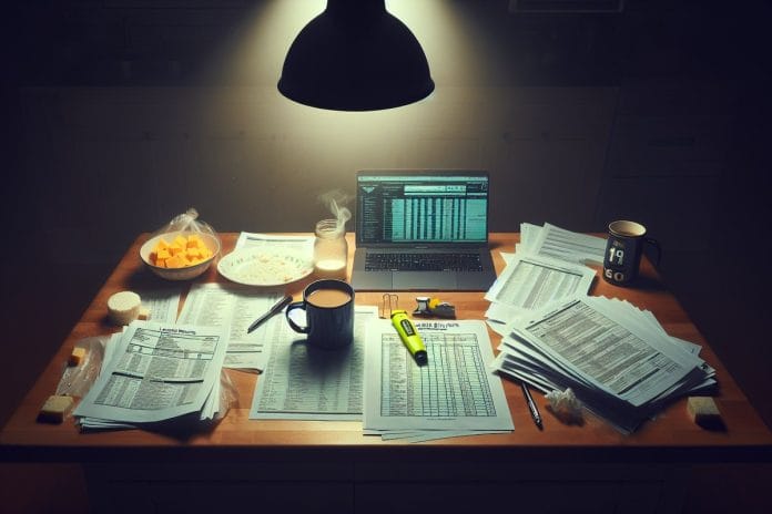 The 41-Page Bylaws PDF, in Print Form A thick stapled stack of printed fantasy football league bylaws on a suburban kitchen island next to a laptop and a coffee mug late at night.
