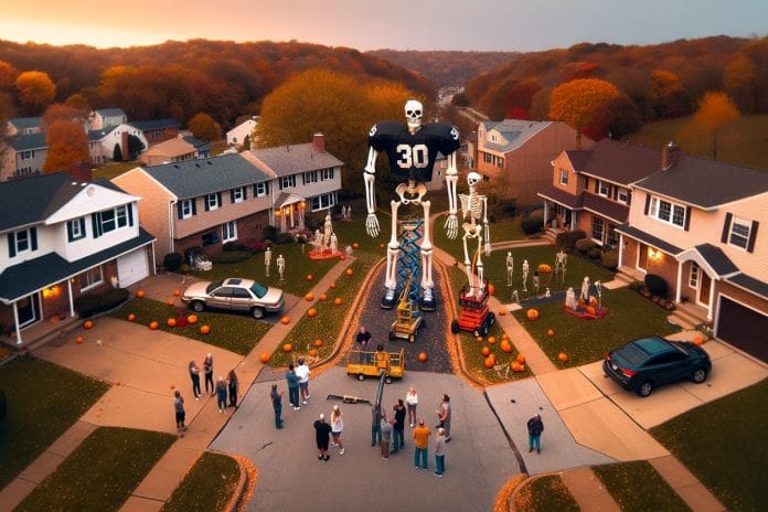 Aerial view of two enormous Halloween skeletons towering over opposing houses on a suburban cul-de-sac at golden hour.