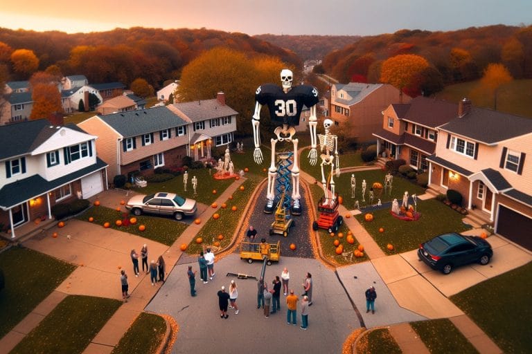 Aerial view of two enormous Halloween skeletons towering over opposing houses on a suburban cul-de-sac at golden hour.