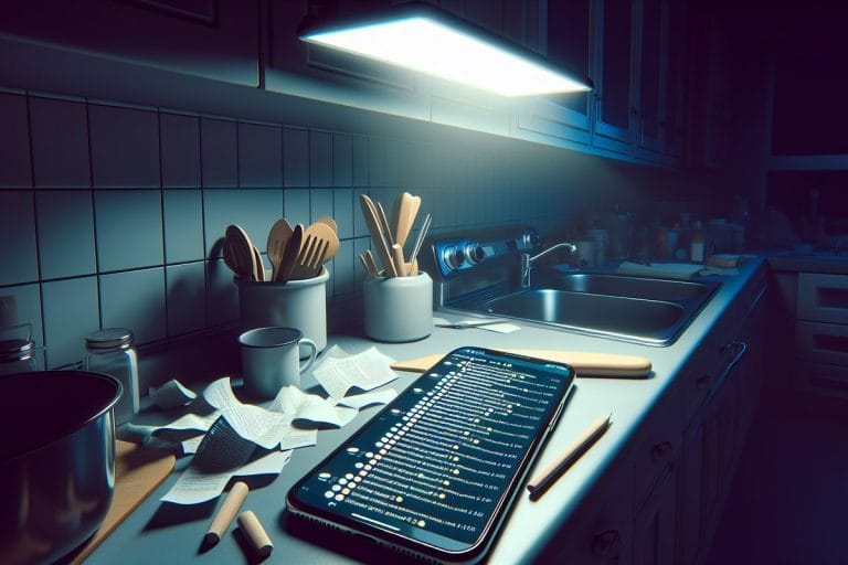 A phone displaying a long, contentious neighborhood group chat thread on a cluttered suburban kitchen counter at night.