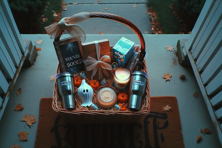 An elaborate Halloween boo basket on a suburban porch at dawn, packed with Stanley tumblers, a luxury candle, ceramic ghost, and a printed 'You've Been Booed' card.