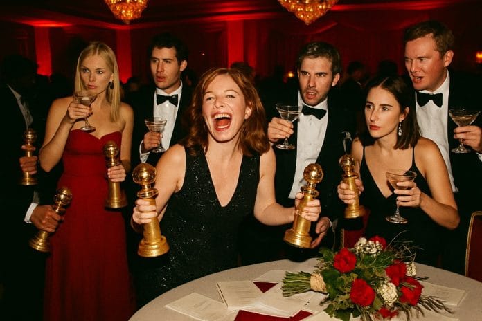 A blurred flash-lit scene of tuxedoed and gowned attendees clutching gold trophies and cocktails inside a chaotic awards-show ballroom.