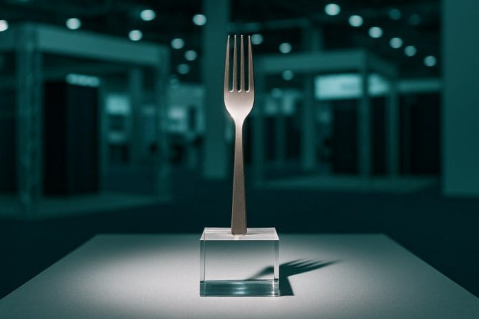 A single titanium fork on a clear acrylic pedestal under harsh spotlight on a convention floor