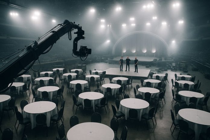 Grammy Rehearsals Camera Block A robotic camera crane sweeps over empty banquet tables in a darkened arena during awards-show rehearsals