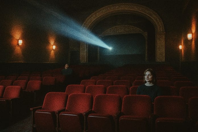 A nearly empty ornate arthouse theater with two lone patrons sitting rows apart as a projector beam cuts through dust