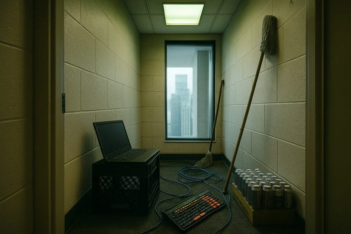 The Meridian Alpha Trading Floor A cheap laptop and a Bloomberg-style keyboard set up on a milk crate inside a fluorescent-lit office broom closet with a mop and cases of sparkling water.