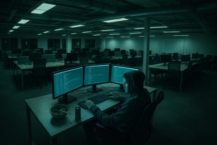 High-angle security-camera view of a lone engineer at three glowing monitors in an empty startup office late at night