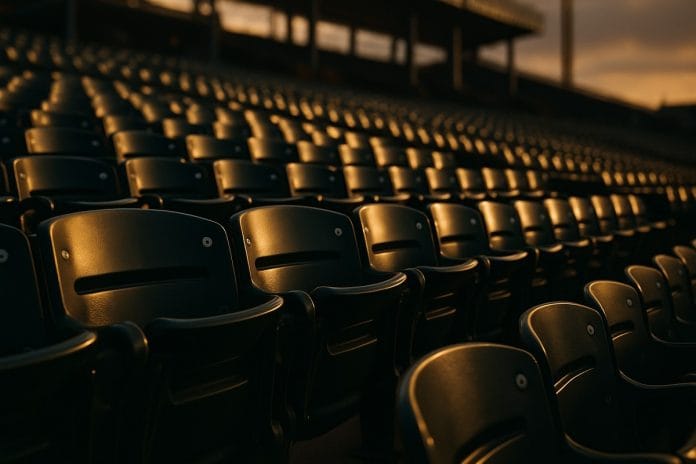 A baseball stadium with the field lit and grandstand seats mostly empty before game time.