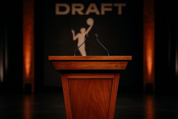WNBA Draft Stage 2026 A brightly lit basketball draft stage with a podium, banner, and empty chairs arranged for a televised event
