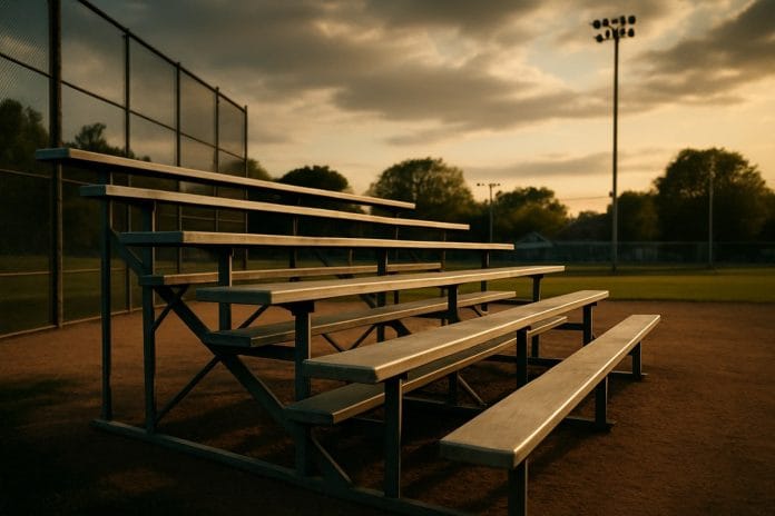 Grafton Merchants Home Opener Sparse aluminum bleachers behind the backstop of a small-town amateur baseball field on a sunny afternoon.