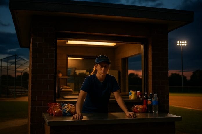 A small-town Little League baseball field at dusk with a lit concession stand behind the backstop.